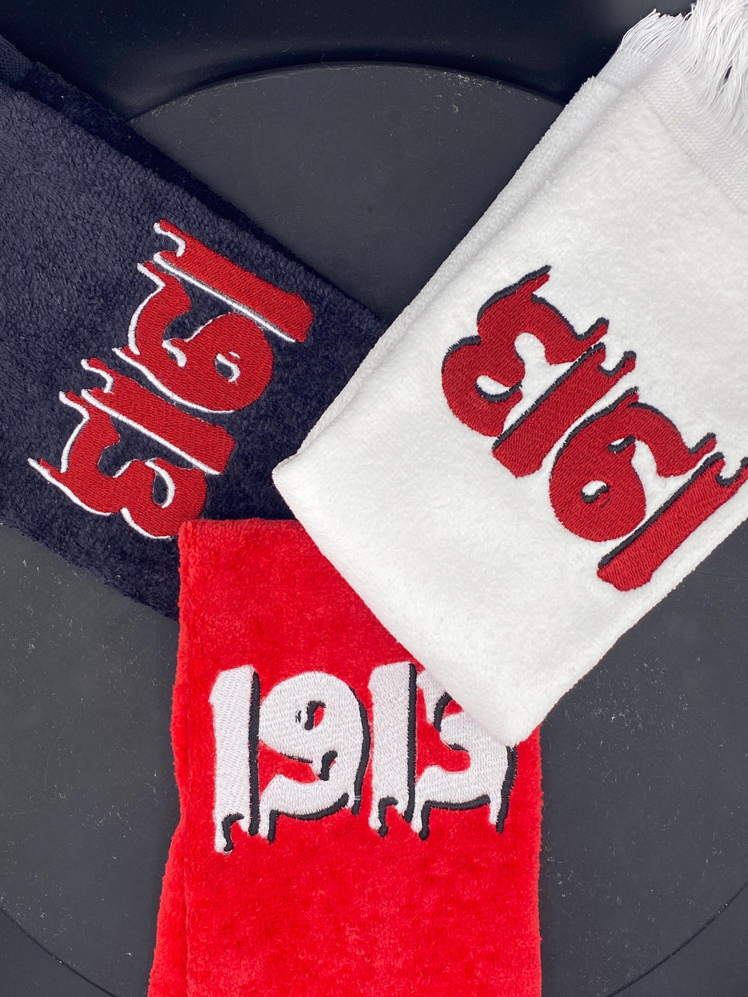 3 1913 Drip Stroll towels in black, white, and red representing Delta Sigma Theta Sorority,  - West & Remount Custom Apparel