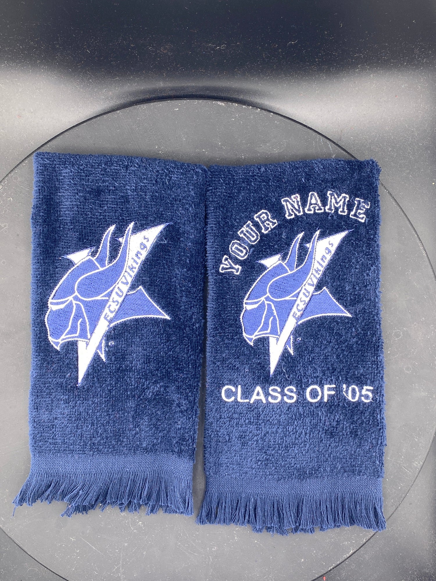 2 Navy Elizabeth City State University Leisure Luxe Towels featuring the Viking mascot - West & Remount Custom Apparel