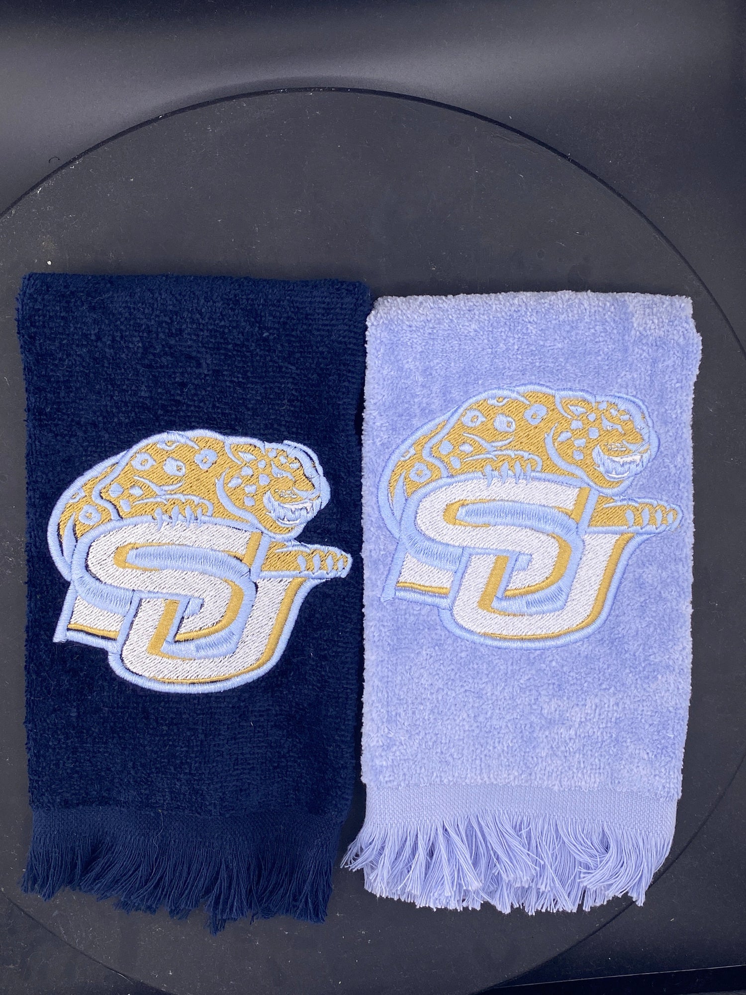 2 Leisure Luxe Towels in Light Blue and Navy representing The Southern University Collection - West & Remount Custom Apparel