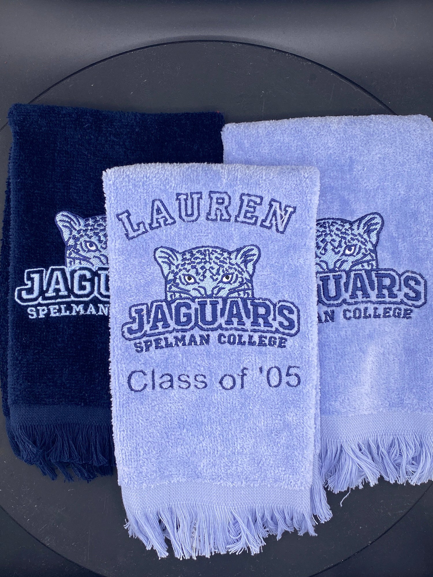 3 towels representing The Spelman Collection in Navy and light blue with personalized option - West & Remount Custom Apparel